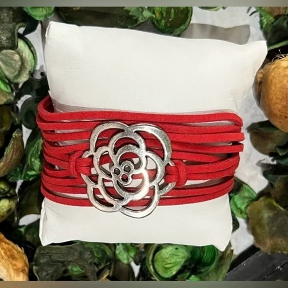 Red Leather Bracelet with Silver Floral Accent - Picture 1 of 5